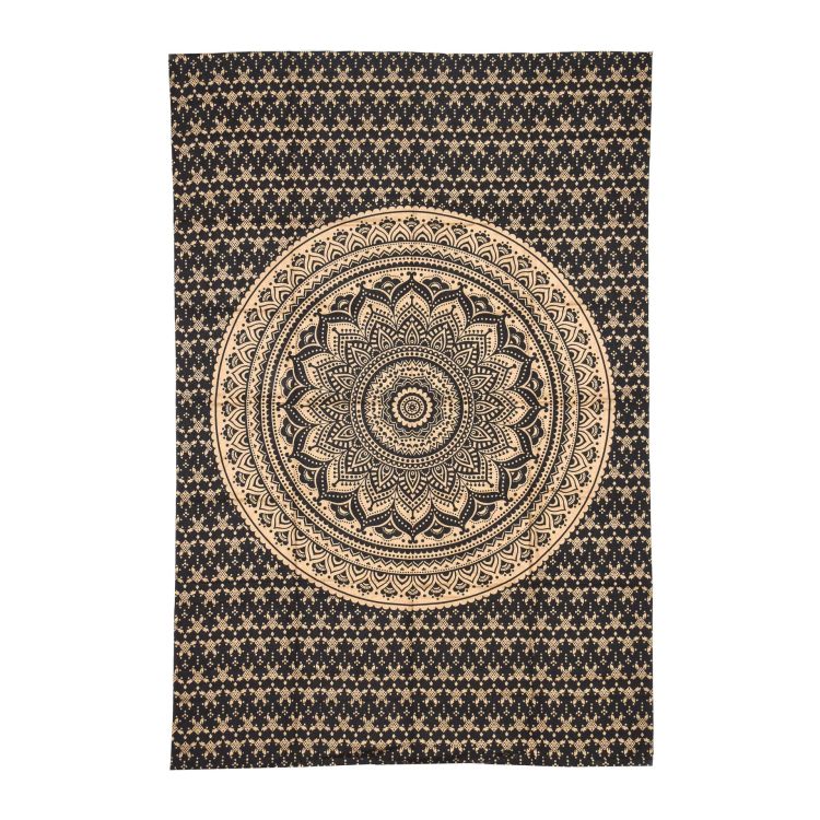 Prikrývka s tlačou, čierna, zlatá tlač, Mandala, 204x140cm