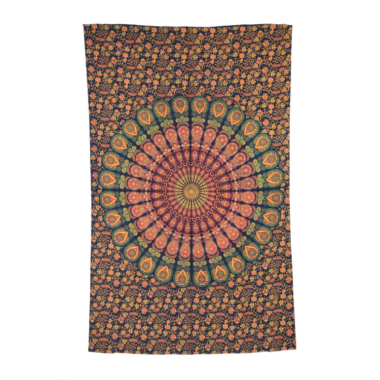 Prehoz na posteľ tmavo modrý "Barmery round Mandala" pávie perá, 130x210cm