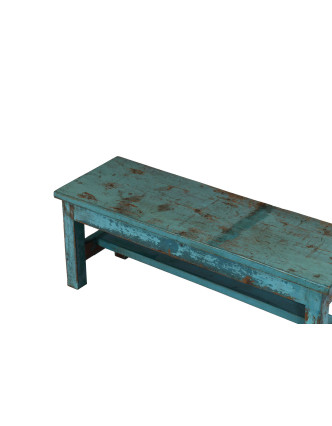 Stará lavička z teakového dreva, tyrkysová patina, 76x26x28cm