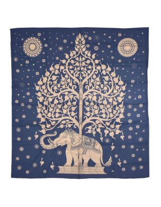 Prikrývka s tlačou, strom života a slon, modro-zlatý, 230x200 cm