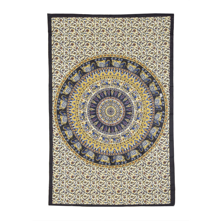 Prehoz na posteľ s tlačou, čierno-žltý, slony a jelene, mandala, 130x210cm