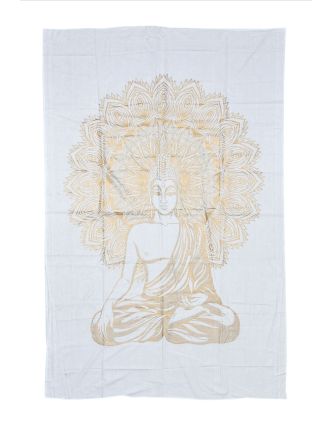 Prikrývka na posteľ s tlačou, biela a zlatá tlač, Budha, 140x210cm