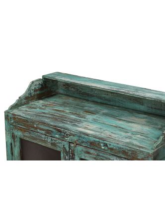 Presklená skrinka z teakového dreva, tyrkysová patina, 79x40x127cm