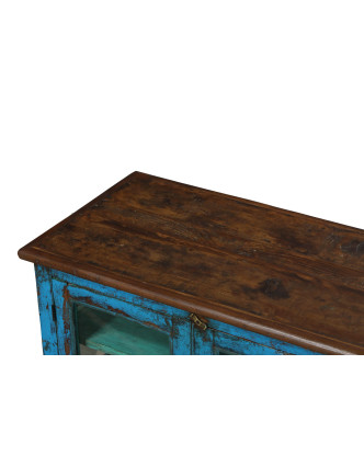 Presklená skrinka z teakového dreva, modrá patina, 81x42x80cm