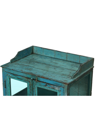 Presklená skrinka z teakového dreva, tyrkysová patina, 80x54x103cm