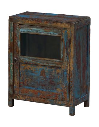 Presklená skrinka z teakového dreva, modrá patina, 62x31x78cm