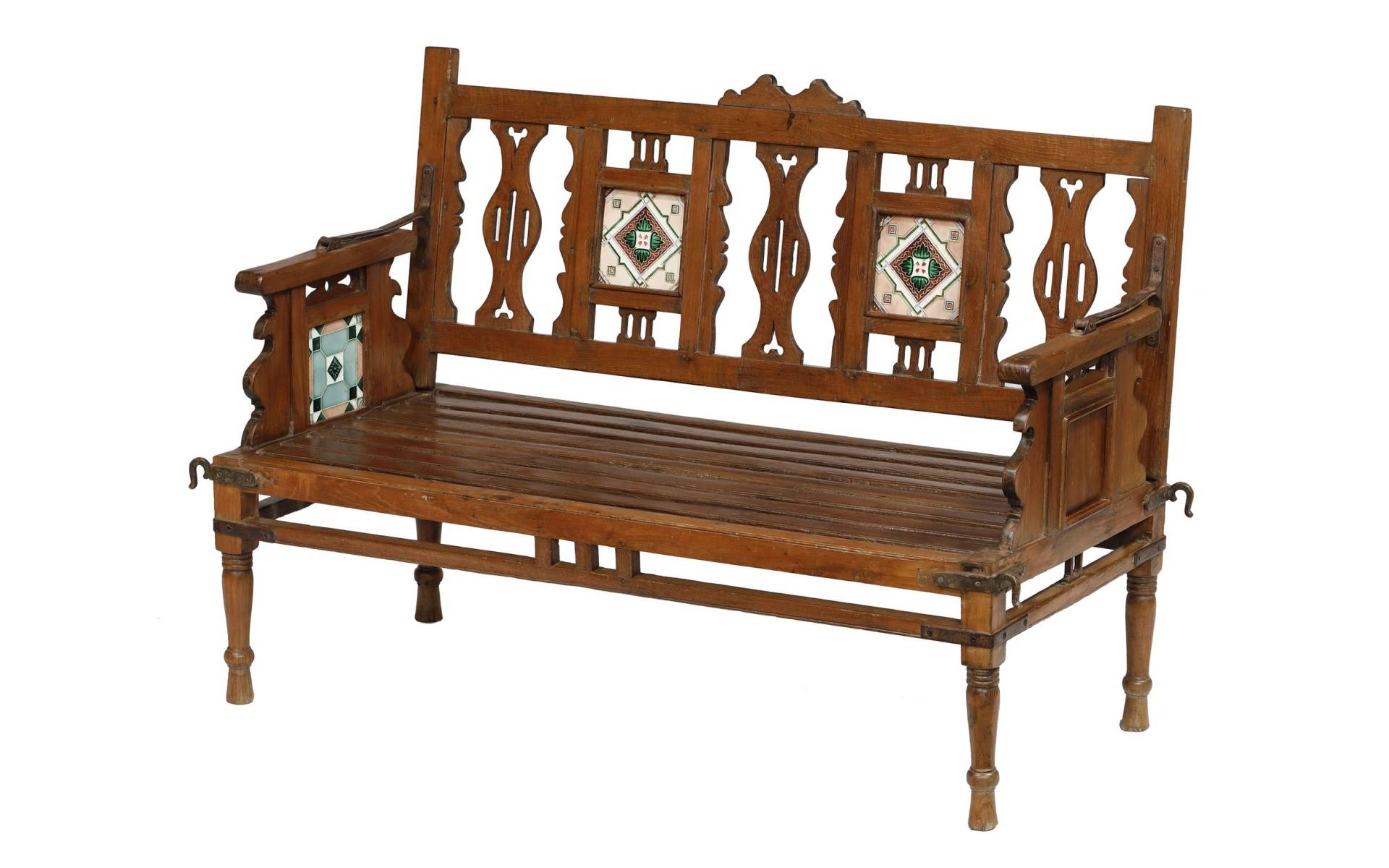 Stará lavička z teakového dreva, zdobená dlaždicami, 130x55x88cm