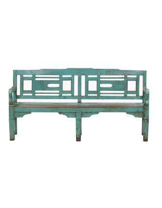 Stará lavička z teakového dreva, tyrkysová patina, 184x50x93cm