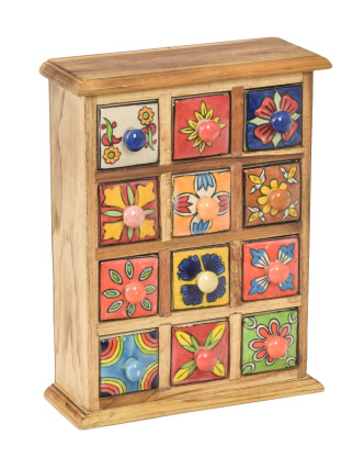 Drevená skrinka s 12 keramickými šuplíkmi, ručne maľovaná, 24x11x31cm