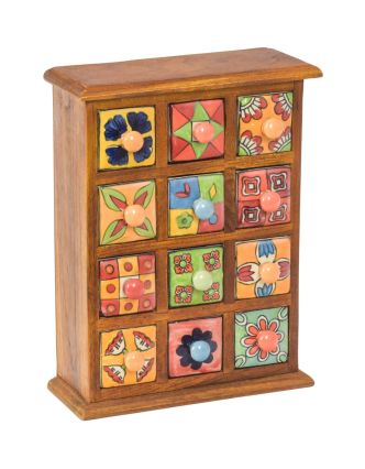 Drevená skrinka s 12 keramickými šuplíkmi, ručne maľovaná, 24x11x31cm