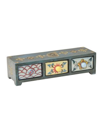 Drevená skrinka s 3 keramickými šuplíkmi, ručne maľovaná, 36x14x10cm