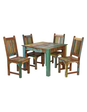 Jedálenský stôl a 4 stoličky v "Goa" štýle, teak, recyklované drevo, 100x100x76cm