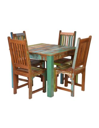 Jedálenský stôl a 4 stoličky v "Goa" štýle, teak, recyklované drevo, 100x100x76cm