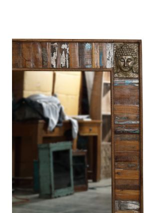 Zrkadlo v ráme z teakového dreva zdobené reliéfmi Budhov, 90x3x120cm