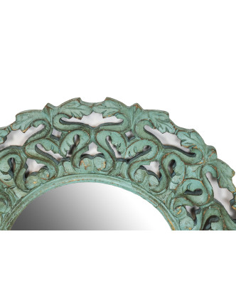Okrúhle zrkadlo v ráme z mangového dreva, tyrkysová patina, 60x3x60cm
