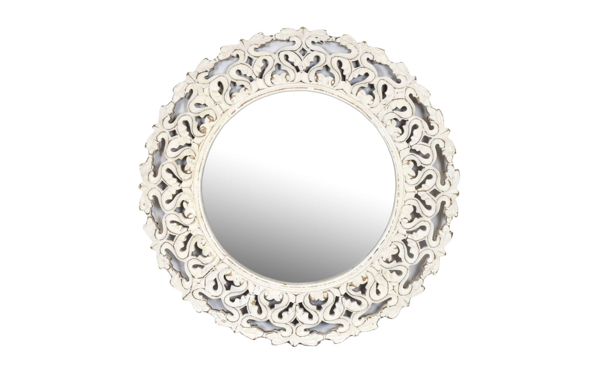 Okrúhle zrkadlo v ráme z mangového dreva, biela patina, 75x3x75cm