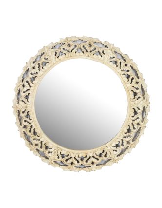 Okrúhle zrkadlo v ráme z mangového dreva, biela patina, 90x3x90cm