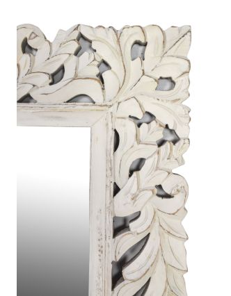 Zrkadlo v ráme z mangového dreva, ručne vyrezávané, biela patina, 90x3x150cm
