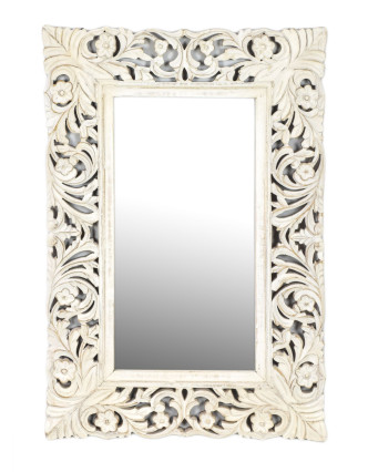 Zrkadlo vo vyrezávanom ráme, biela patina, mango, 60x3x90cm