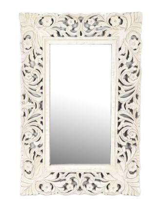 Zrkadlo vo vyrezávanom ráme, biela patina, mango, 60x3x90cm