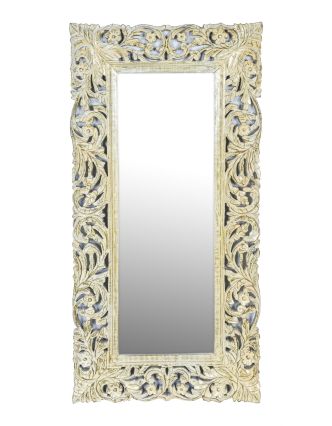 Zrkadlo vo vyrezávanom ráme, biela patina, mango, 60x3x120cm
