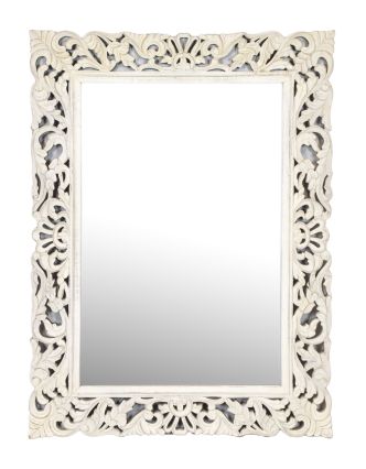 Zrkadlo vo vyrezávanom ráme, biela patina, mango, 90x3x120cm