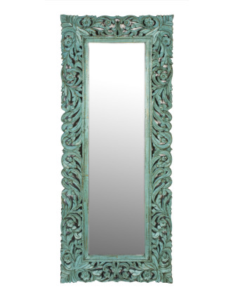 Zrkadlo vo vyrezávanom ráme, tyrkysová patina, mango, 60x3x150cm