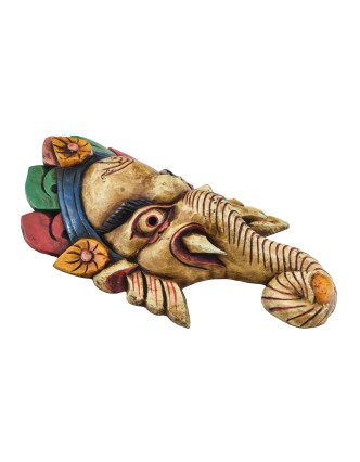 Ganeš, drevená maska, ručne vyrezávaná a maľovaná, 21x9x40cm