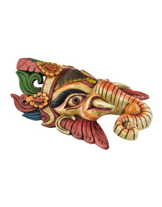 Ganeš, drevená maska, ručne vyrezávaná a maľovaná, 22x8x37cm
