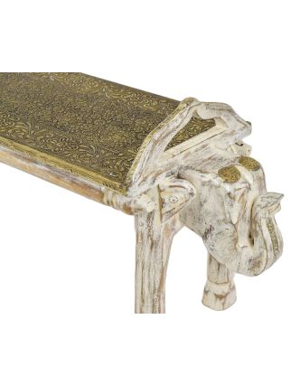 Stolička z mangového dreva, slonie hlavy, zdobená mosadzným kovaním, 121x31x47cm
