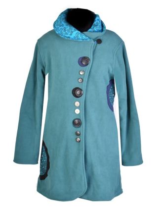 Tyrkysový fleecový kabát s golierom zapínaný na gombíky, farebné aplikácie, potlač