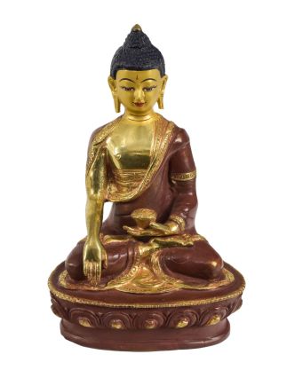 Budha Šakjamúni, mosadzná pozlátená soška, 13x10x20cm