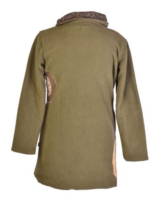 Khaki fleecový kabát s golierom zapínaný na gombíky, farebné aplikácie, potlač a v