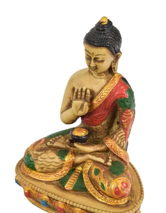 Budha Amoghasiddhi, farebný, bohato zdobené rúcho, živica, 9x7x13cm