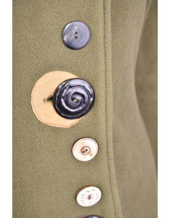 Khaki fleecový kabát s golierom zapínaný na gombíky, farebné aplikácie, potlač a v