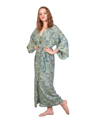 Dlhé kimono s opaskom, potlač, zeleno-modré