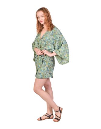 Krátke kimono s opaskom, potlač, zeleno-modré