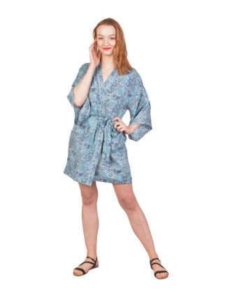 Krátke kimono s opaskom, paisley potlač, svetlo modré