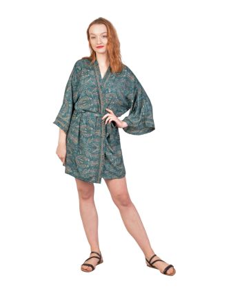 Krátke kimono s opaskom, paisley potlač, smaragdovo zelené