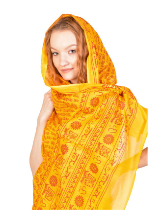 Sárong s ručnou potlačou, žltý s červenou potlačou, bavlna 110x170cm