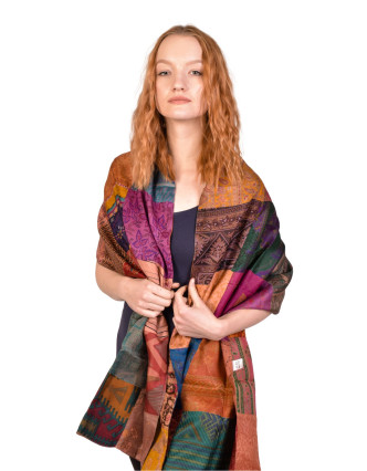 Hodvábny patchworkový farebný šál s motívom, 55x200cm