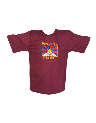 Vínové tričko s krátkym rukávom a výšivkou vlajky Tibetu