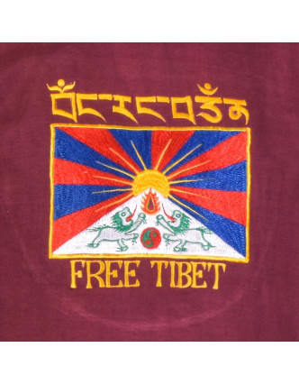 Vínové tričko s krátkym rukávom a výšivkou vlajky Tibetu