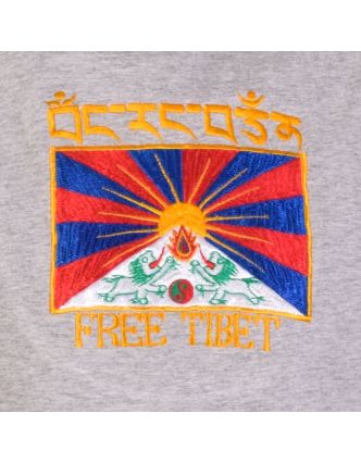 Šedé tričko s krátkym rukávom a výšivkou vlajky Tibetu