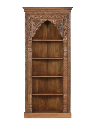 Rohová knižnica z mangového dreva, ručné rezby, 92x45x205cm