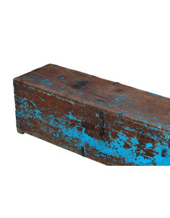 Stará truhla z teakového dreva, tyrkysová patina, 106x30x33cm