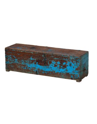 Stará truhla z teakového dreva, tyrkysová patina, 106x30x33cm