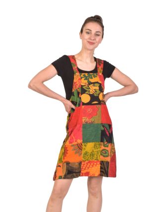 Krátke šaty s trakmi a vreckom, multifarebný patchwork, bavlnený úplet