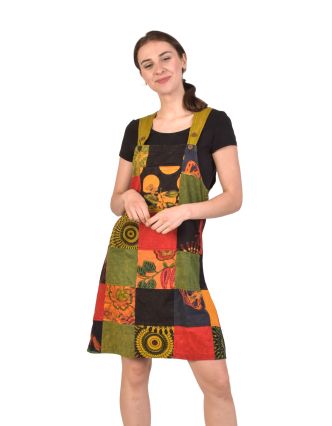 Krátke šaty s trakmi a vreckom, multifarebný patchwork, bavlnený úplet