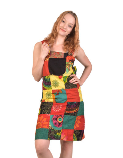 Krátke šaty s trakmi a vreckom, multifarebný patchwork, bavlnené plátno